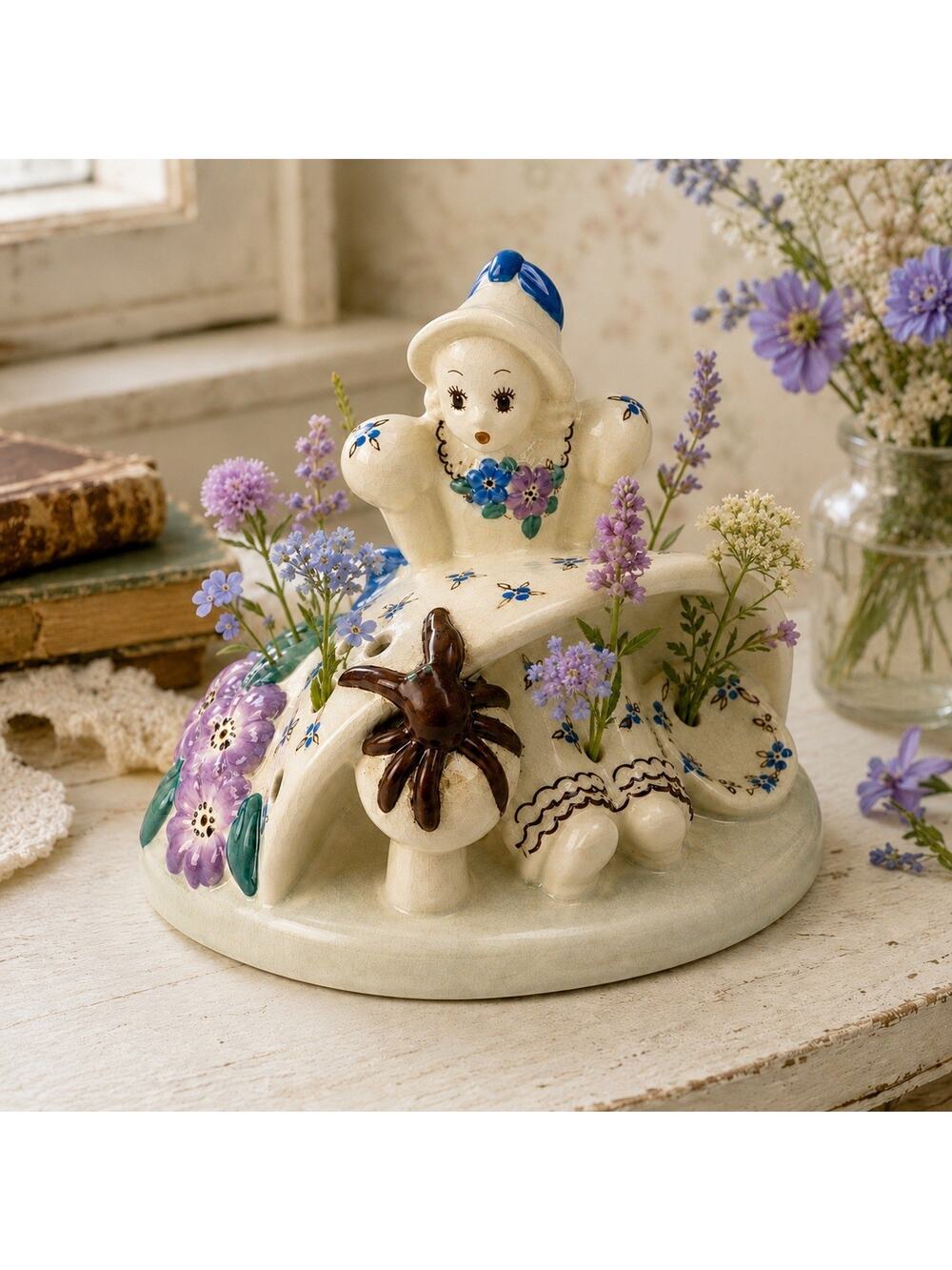 VTG Little Miss Muffet Ceramic Flower Frog Crinoline Lady Spider Hand Painted